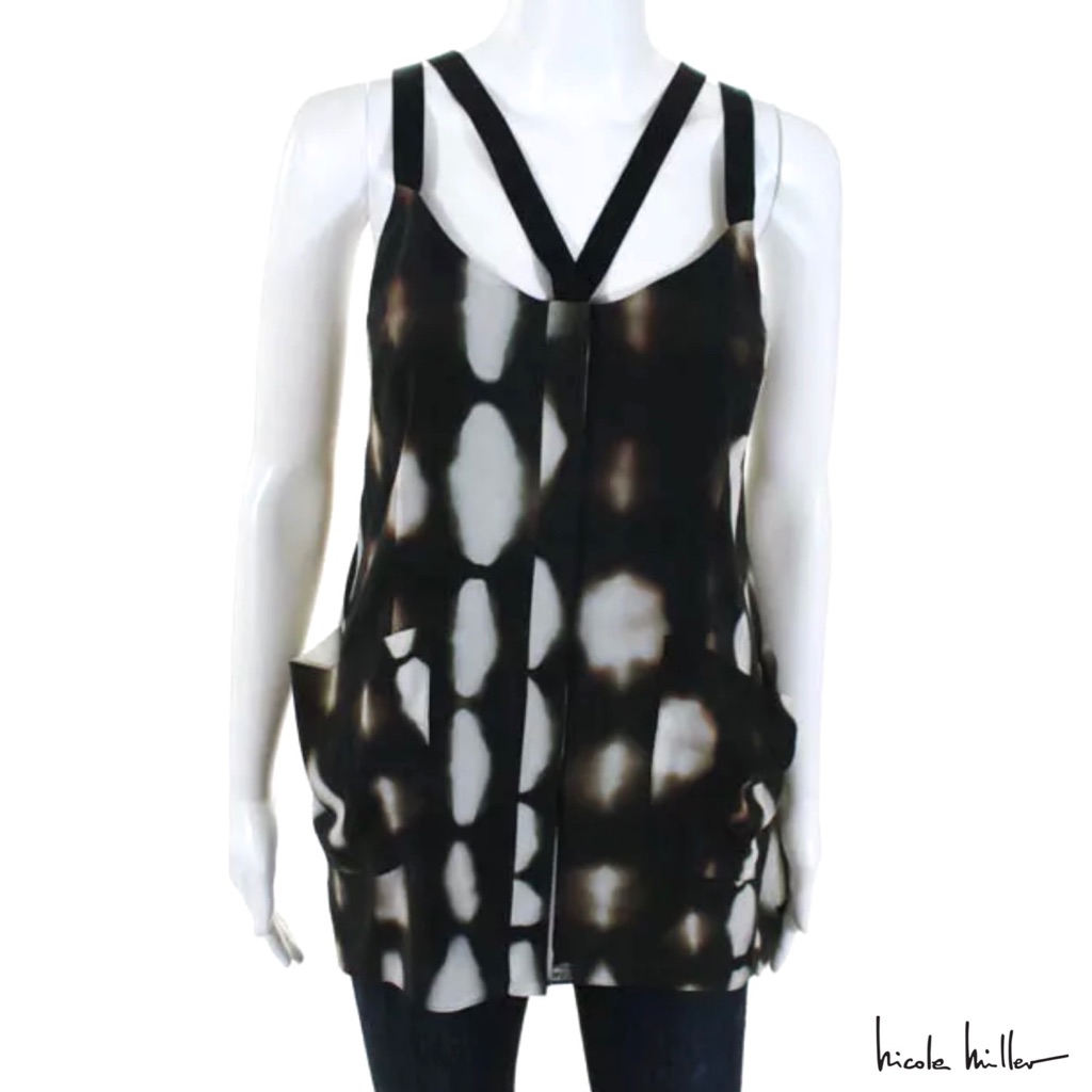 Nicole Miller Blk/Cream Abstract Pocket Silk Top